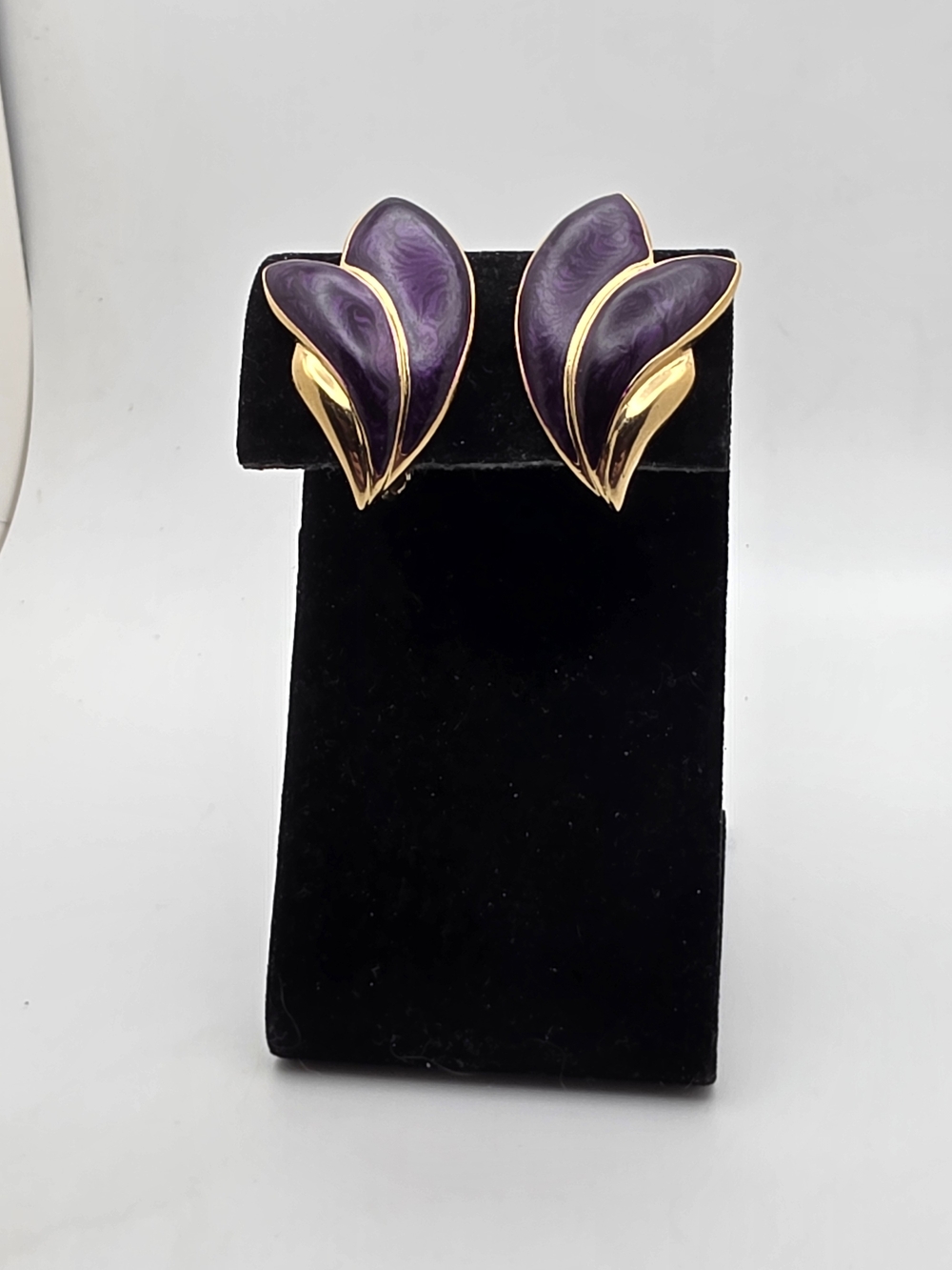 Trifari Gold-Tone Earrings with Deep Purple Enamel Petals